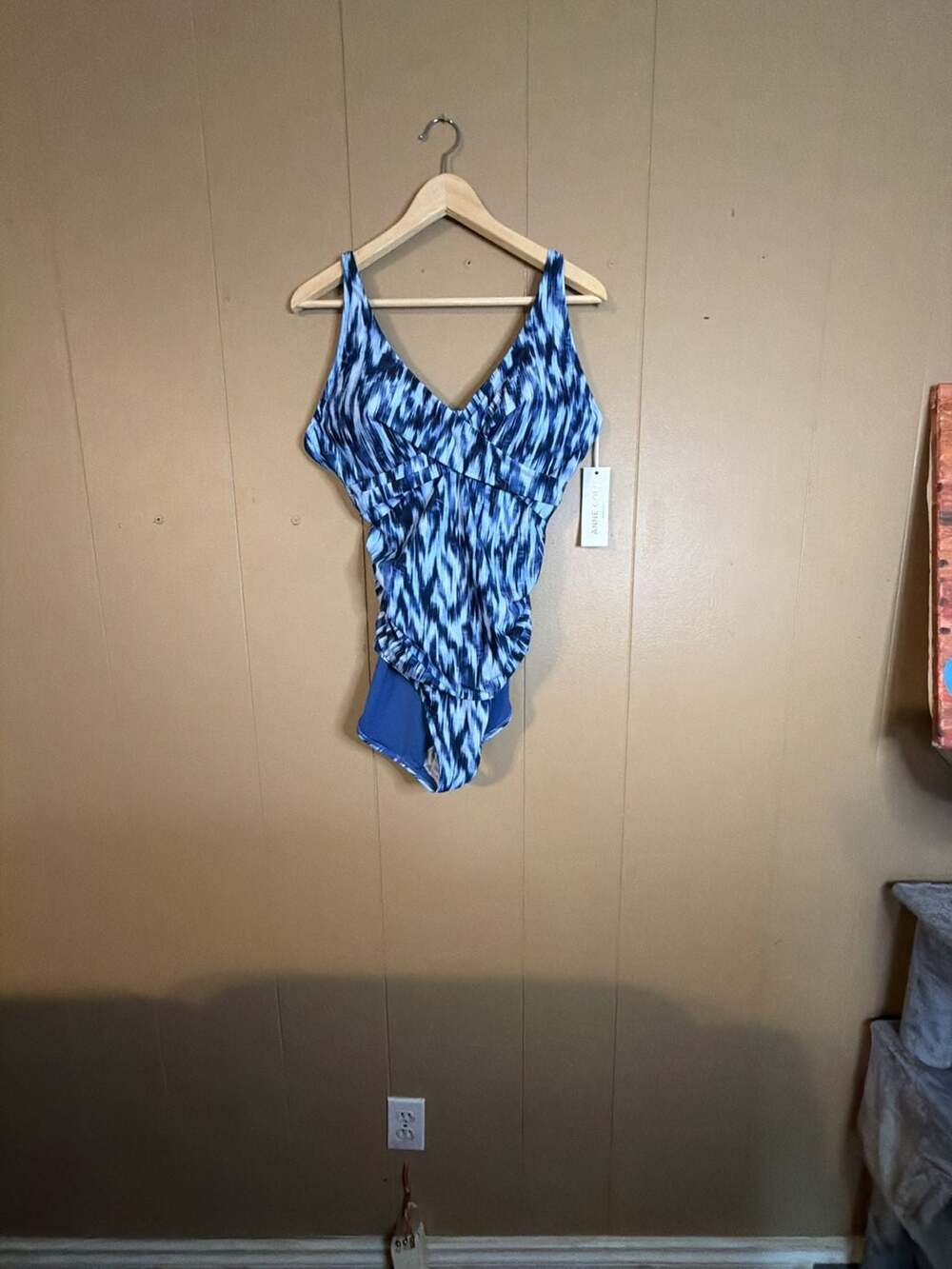 Anne Cole One-Piece Swimsuit Blue White Abstract Print Size 16